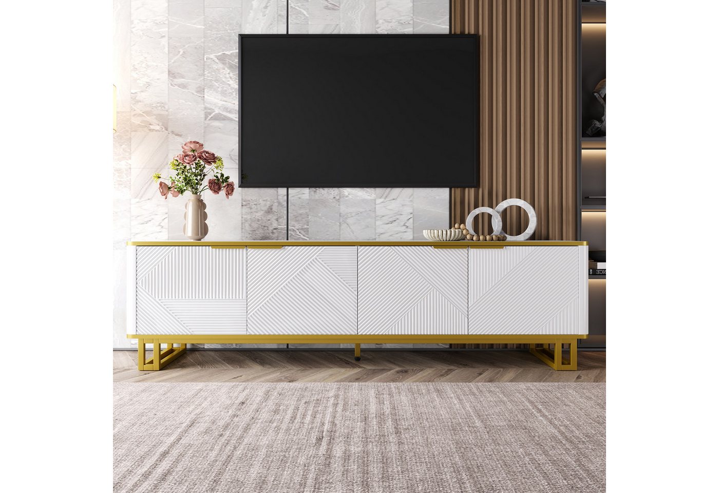 Merax Lowboard in Weiß und Gold, TV-Board mit vier Türen und Stauraum (1 St., 160 x 37,5 x 48 cm), TV-Schrank mit geometrischer 3D-Front, Kabelmanagement, Metal – Bild 4 von 5