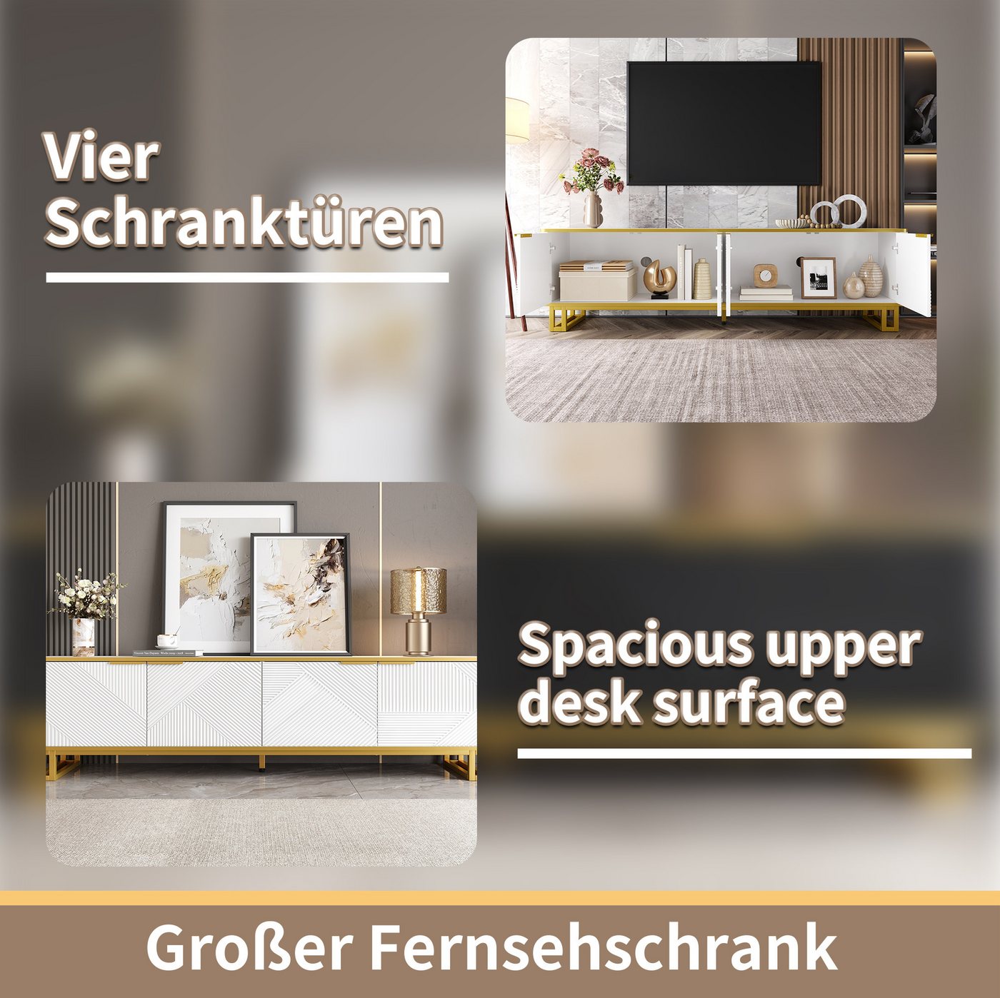 Merax Lowboard in Weiß und Gold, TV-Board mit vier Türen und Stauraum (1 St., 160 x 37,5 x 48 cm), TV-Schrank mit geometrischer 3D-Front, Kabelmanagement, Metal – Bild 5 von 5