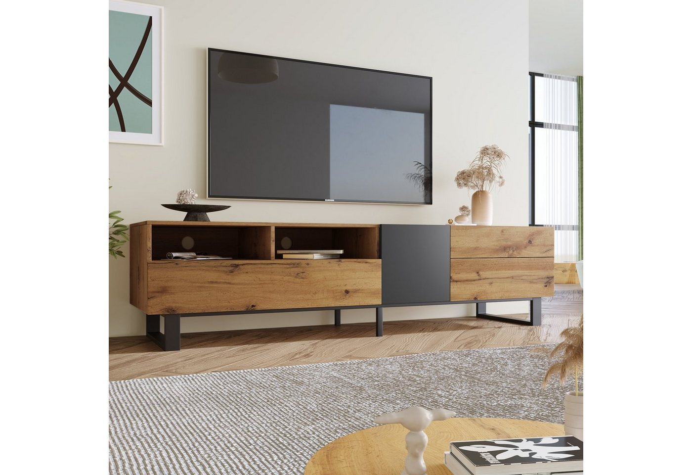 Merax Lowboard Landhaus Altholzoptik, Fernsehtisch TV Board, TV- Lowboard aus Holz, Breite 180 cm – Bild 3 von 5