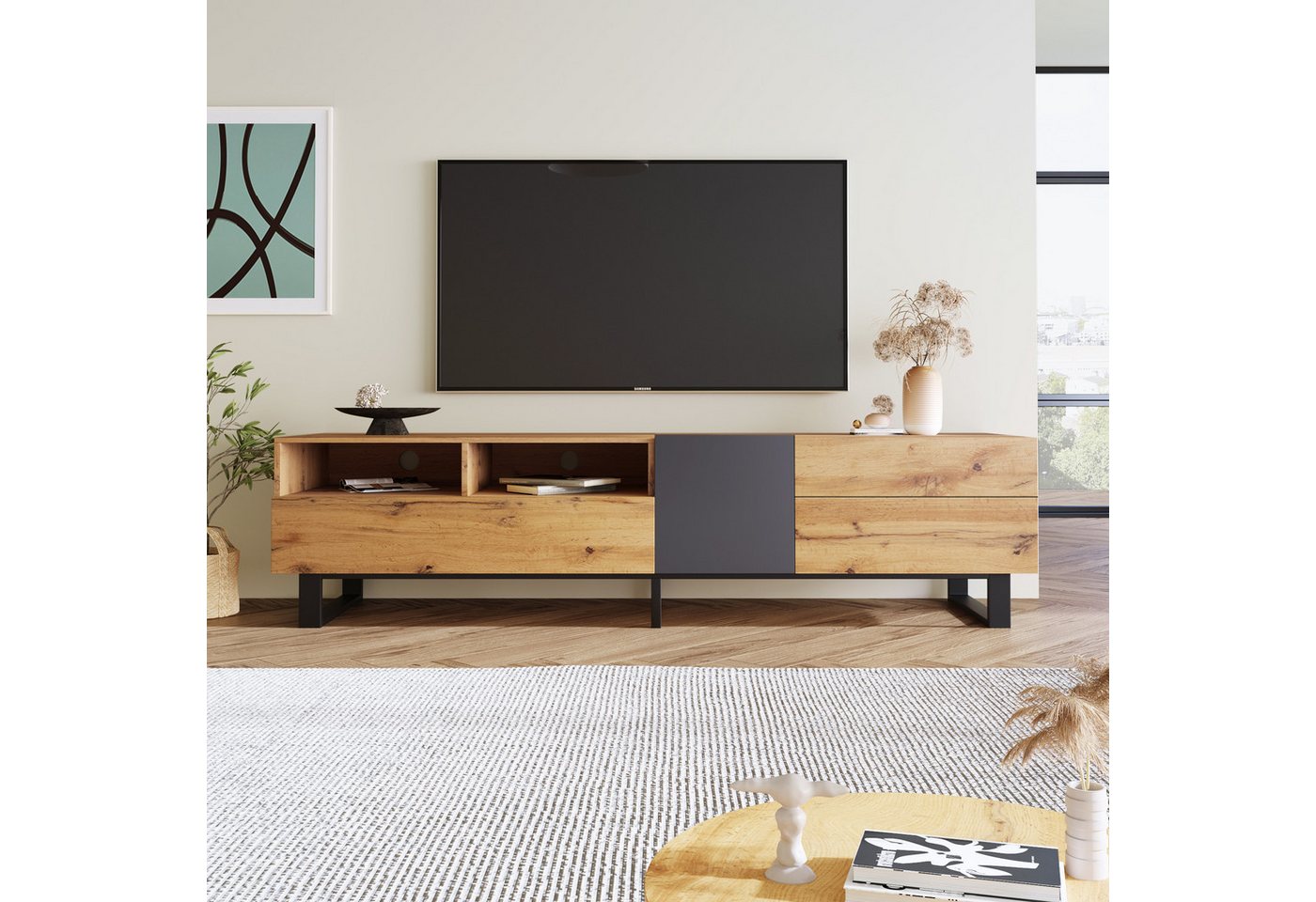 Merax Lowboard Landhaus Altholzoptik, Fernsehtisch TV Board, TV- Lowboard aus Holz, Breite 180 cm – Bild 4 von 5