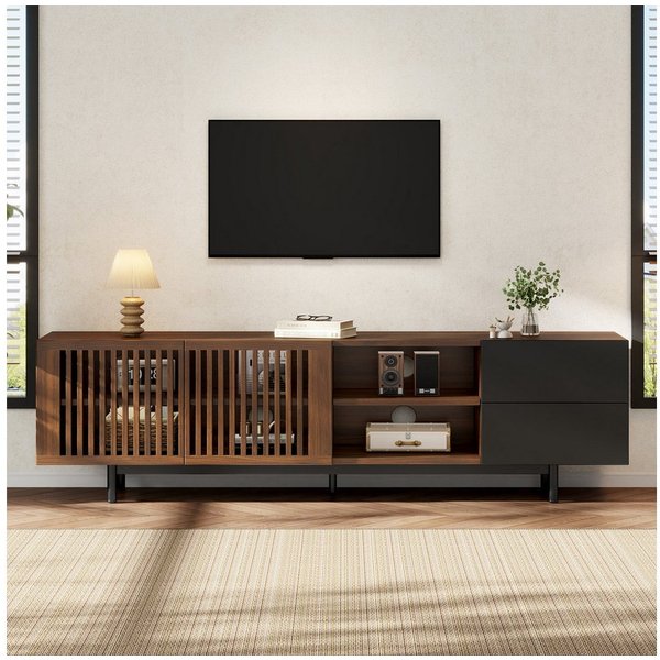 Merax Lowboard mit 2 Lamellentüren, 2 Schubladen und offenen Ablagen (160 L x 38 B x 50 H cm, 1 St), Wohnzimmermöbel TV-Schrank Walnuss-Schwarz-Design & Kabelma