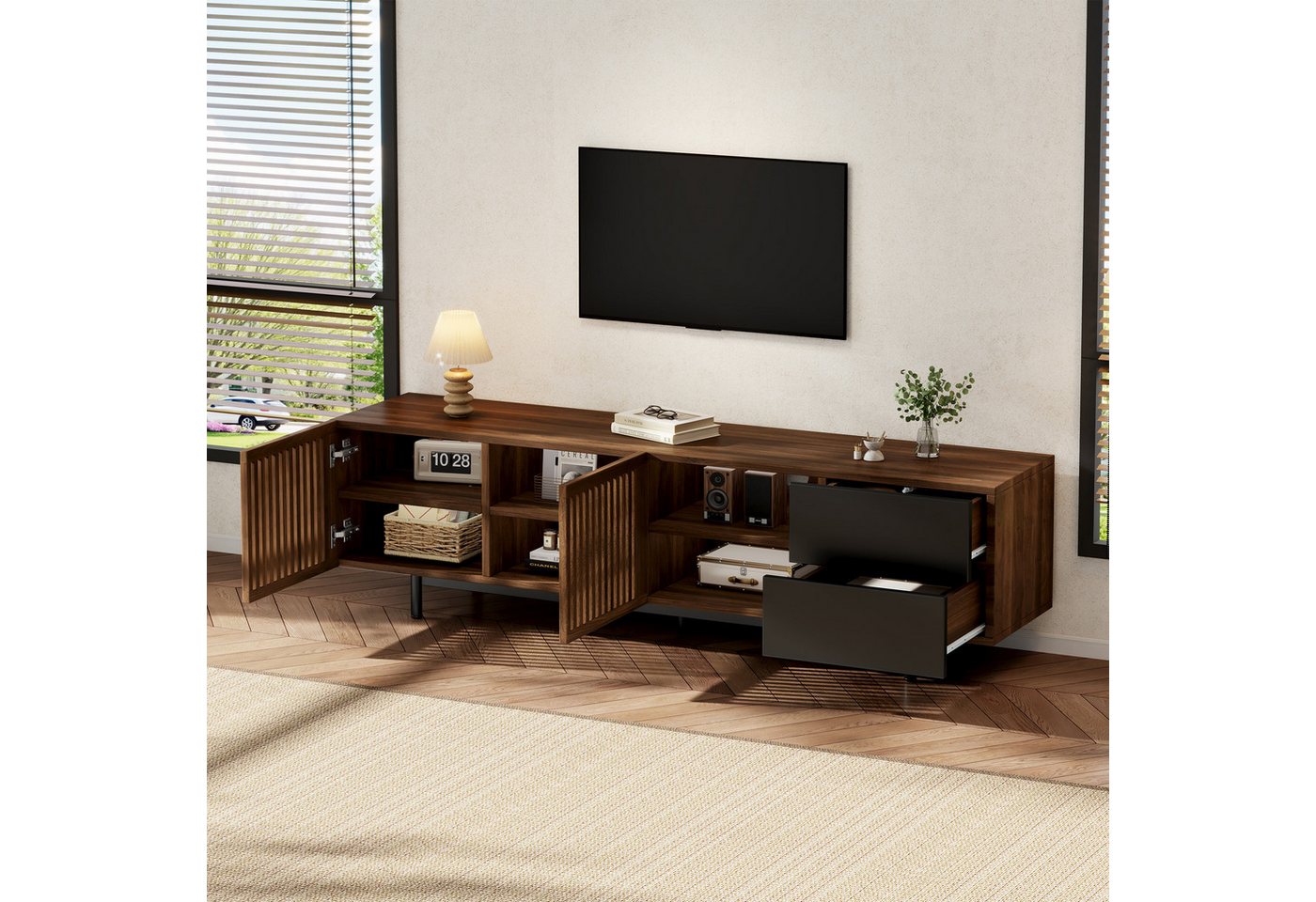Merax Lowboard mit 2 Lamellentüren, 2 Schubladen und offenen Ablagen (160 L x 38 B x 50 H cm, 1 St), Wohnzimmermöbel TV-Schrank Walnuss-Schwarz-Design & Kabelma – Bild 2 von 5