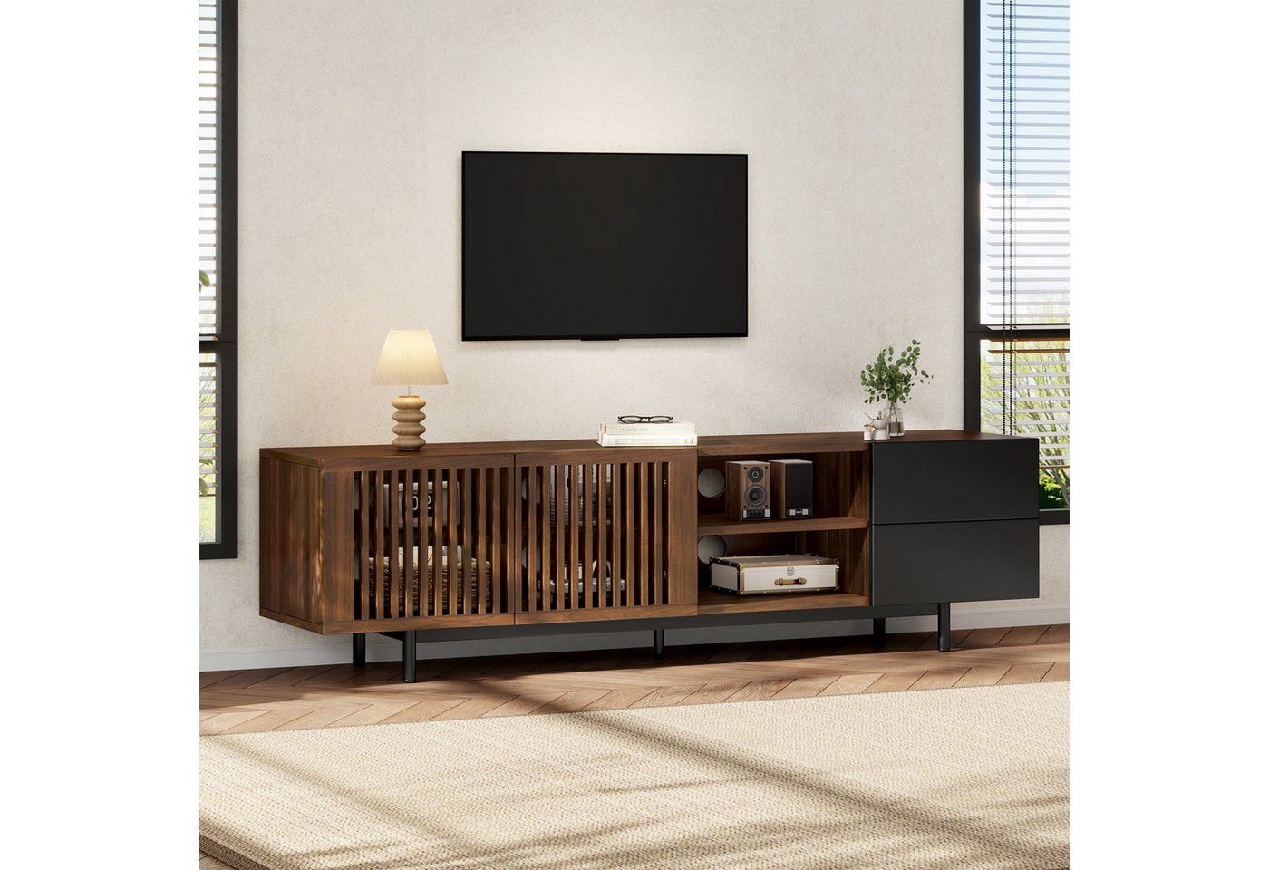 Merax Lowboard mit 2 Lamellentüren, 2 Schubladen und offenen Ablagen (160 L x 38 B x 50 H cm, 1 St), Wohnzimmermöbel TV-Schrank Walnuss-Schwarz-Design & Kabelma – Bild 3 von 5