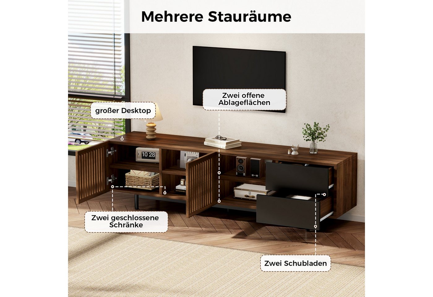 Merax Lowboard mit 2 Lamellentüren, 2 Schubladen und offenen Ablagen (160 L x 38 B x 50 H cm, 1 St), Wohnzimmermöbel TV-Schrank Walnuss-Schwarz-Design & Kabelma – Bild 4 von 5