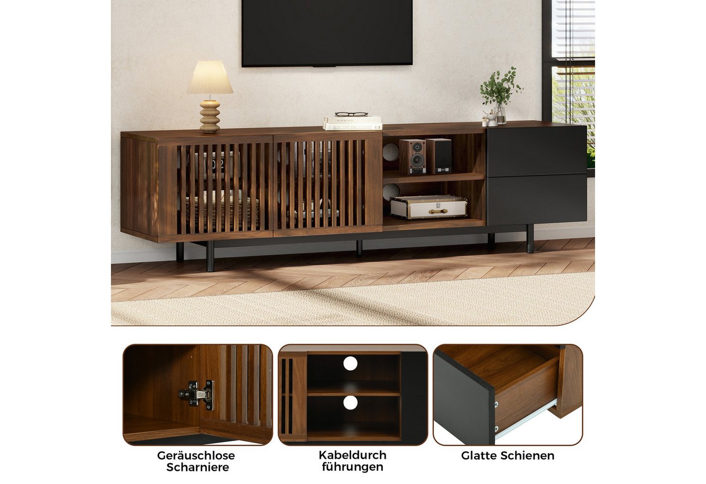 Merax Lowboard mit 2 Lamellentüren, 2 Schubladen und offenen Ablagen (160 L x 38 B x 50 H cm, 1 St), Wohnzimmermöbel TV-Schrank Walnuss-Schwarz-Design & Kabelma – Bild 5 von 5