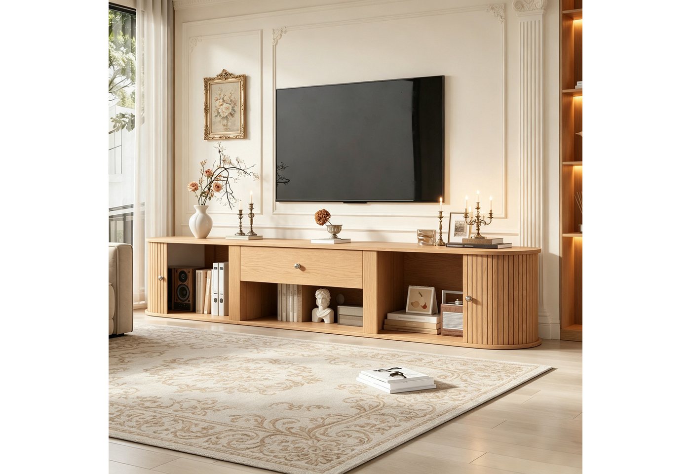 Merax Lowboard mit 2 Rollo-Türen, Schublade und offenem Fach (1 St), TV-Schrank mit abgerundetes Design in Holzoptik, 180x40x40cm – Bild 2 von 5