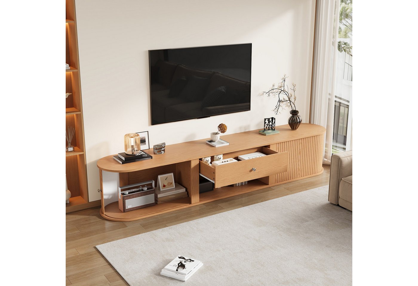 Merax Lowboard mit 2 Rollo-Türen, Schublade und offenem Fach (1 St), TV-Schrank mit abgerundetes Design in Holzoptik, 180x40x40cm – Bild 3 von 5