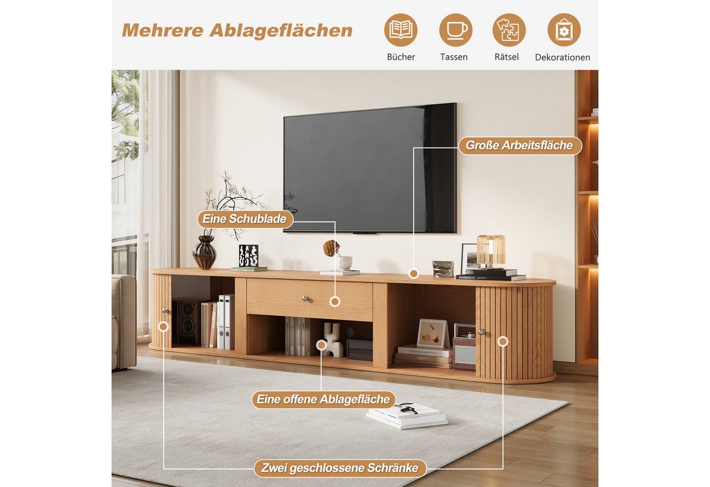 Merax Lowboard mit 2 Rollo-Türen, Schublade und offenem Fach (1 St), TV-Schrank mit abgerundetes Design in Holzoptik, 180x40x40cm – Bild 4 von 5