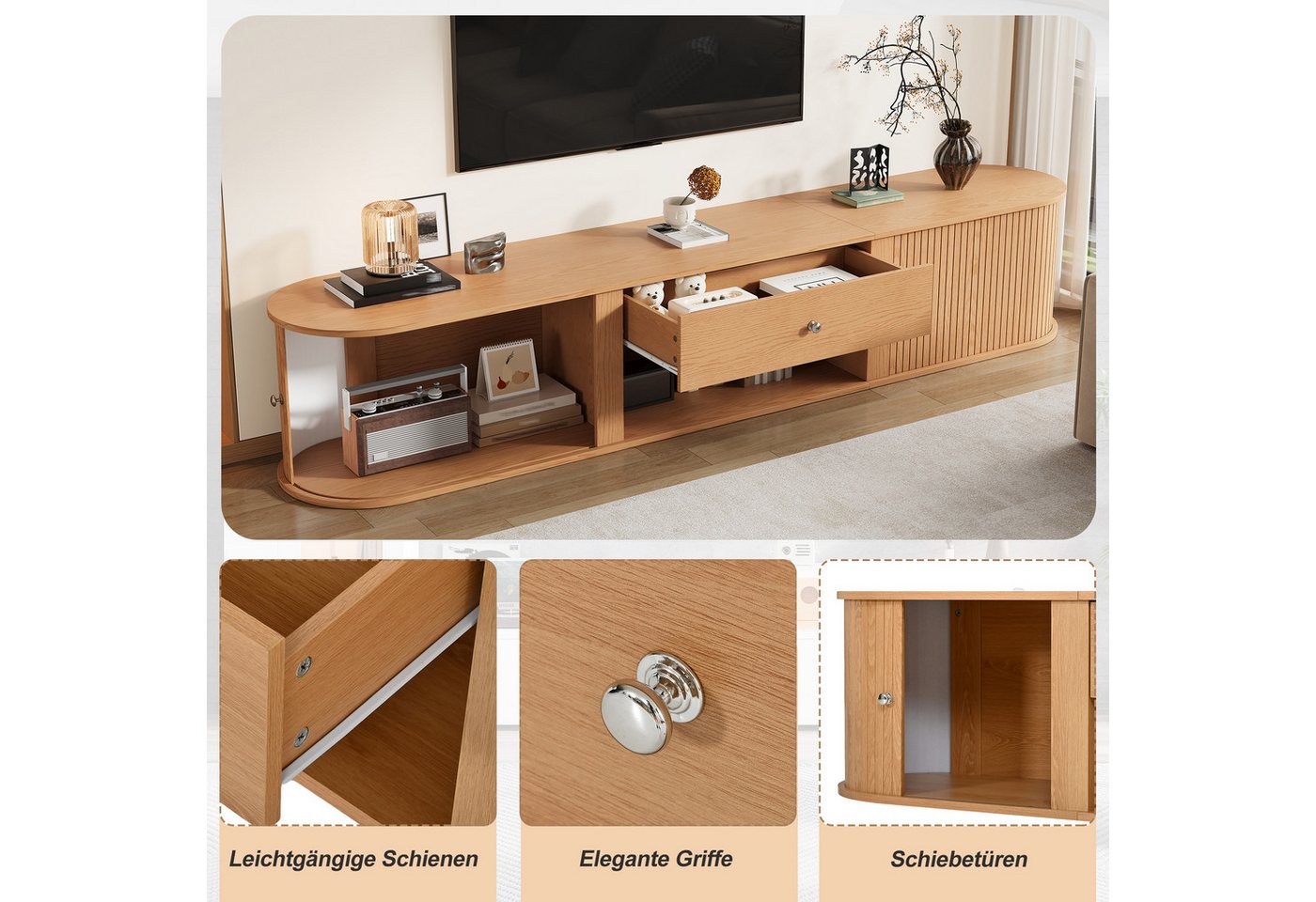 Merax Lowboard mit 2 Rollo-Türen, Schublade und offenem Fach (1 St), TV-Schrank mit abgerundetes Design in Holzoptik, 180x40x40cm – Bild 5 von 5