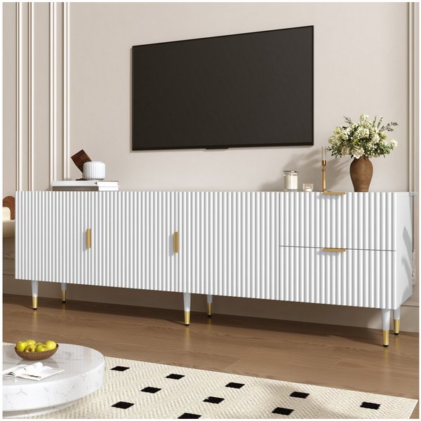 Merax Lowboard mit 2 Schubladen, 3 Türen, Regalfächern und verstellbaren Füßen (170 x 35,5 x 55 cm (L x B x H), 1 St), TV-Schrank mit goldenen Griffen, Metallbe
