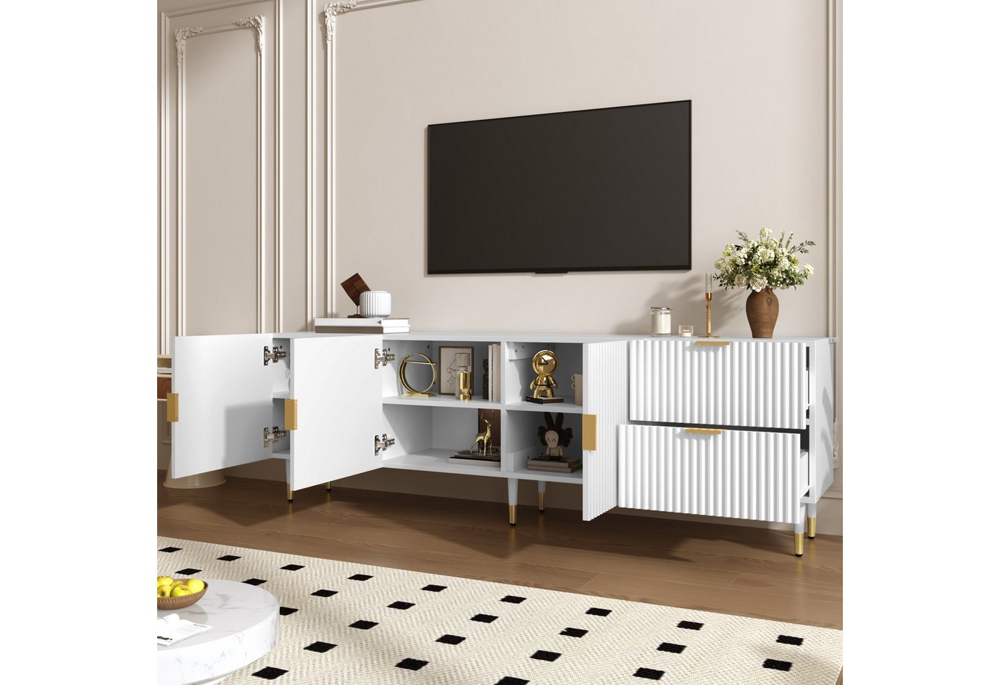 Merax Lowboard mit 2 Schubladen, 3 Türen, Regalfächern und verstellbaren Füßen (170 x 35,5 x 55 cm (L x B x H), 1 St), TV-Schrank mit goldenen Griffen, Metallbe – Bild 2 von 5
