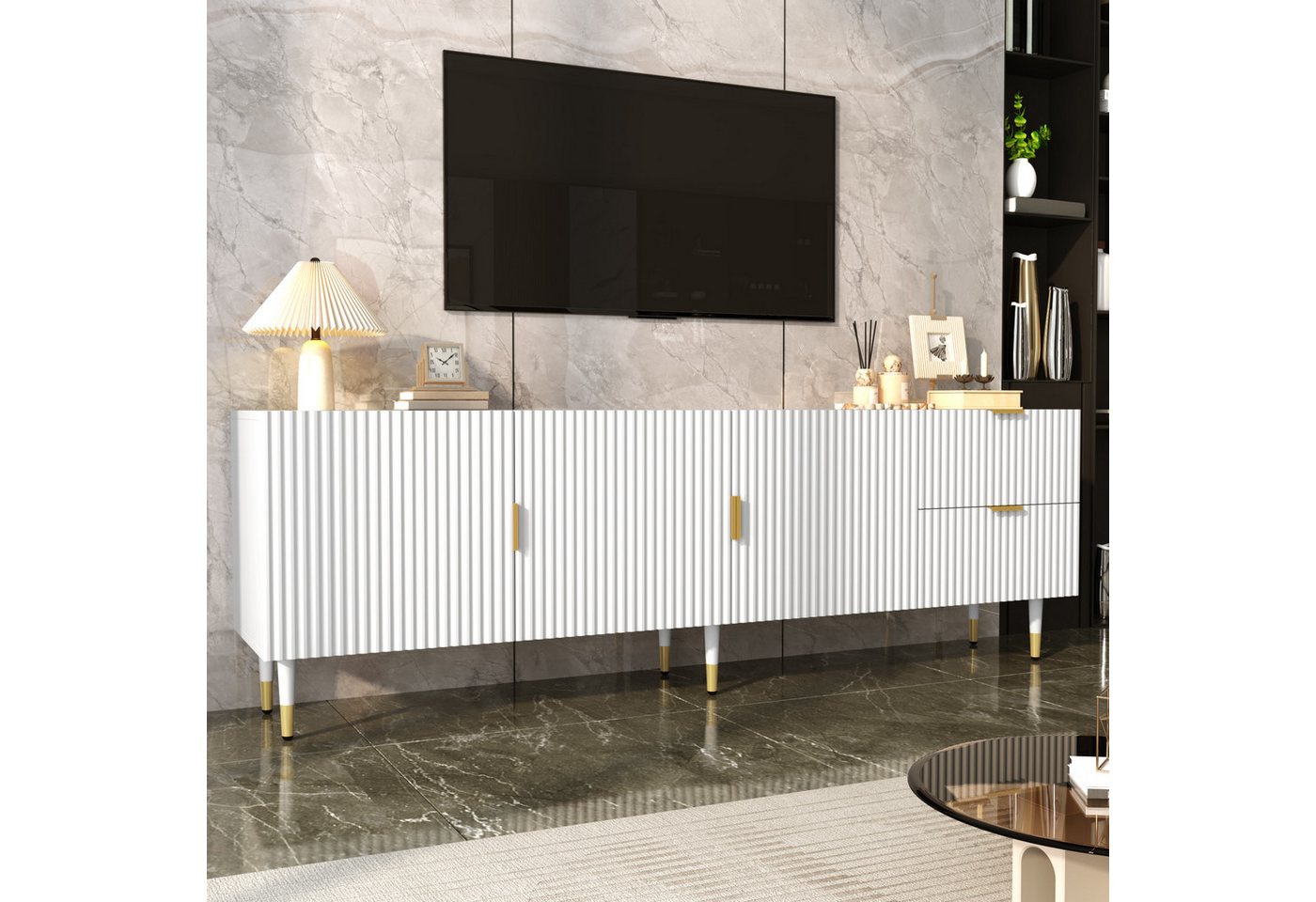 Merax Lowboard mit 2 Schubladen, 3 Türen, Regalfächern und verstellbaren Füßen (170 x 35,5 x 55 cm (L x B x H), 1 St), TV-Schrank mit goldenen Griffen, Metallbe – Bild 3 von 5