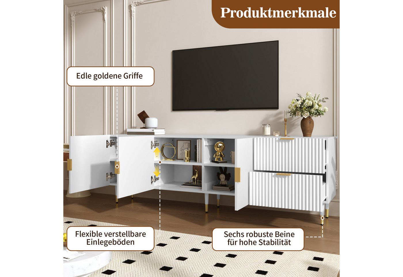 Merax Lowboard mit 2 Schubladen, 3 Türen, Regalfächern und verstellbaren Füßen (170 x 35,5 x 55 cm (L x B x H), 1 St), TV-Schrank mit goldenen Griffen, Metallbe – Bild 5 von 5