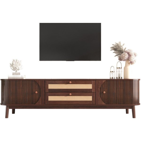 Merax Lowboard mit 2 Schubladen und 2 Bogenschiebetüren, TV-Schrank mit Rattan-Geflecht,Breite 170cm