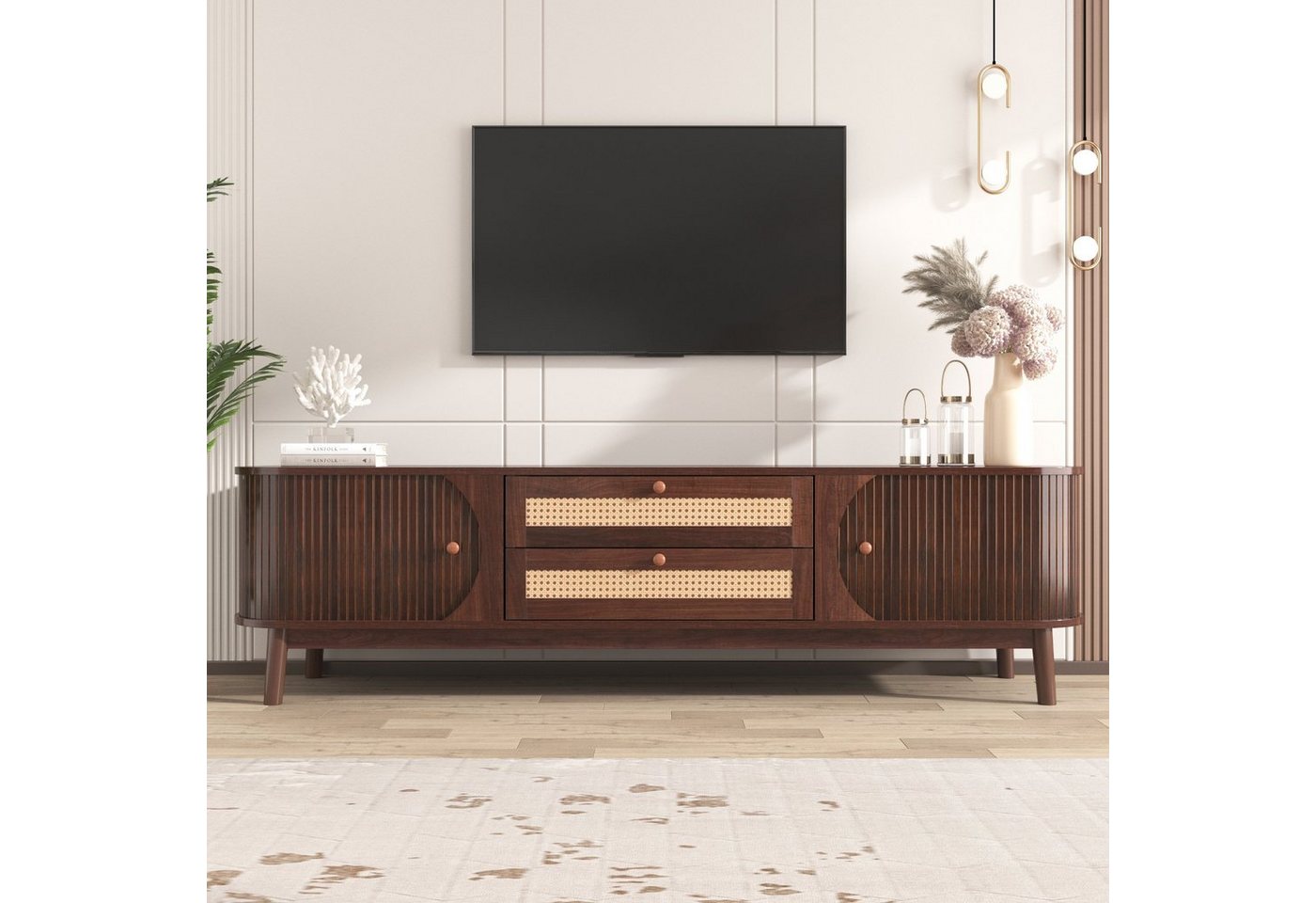 Merax Lowboard mit 2 Schubladen und 2 Bogenschiebetüren, TV-Schrank mit Rattan-Geflecht,Breite 170cm – Bild 2 von 5