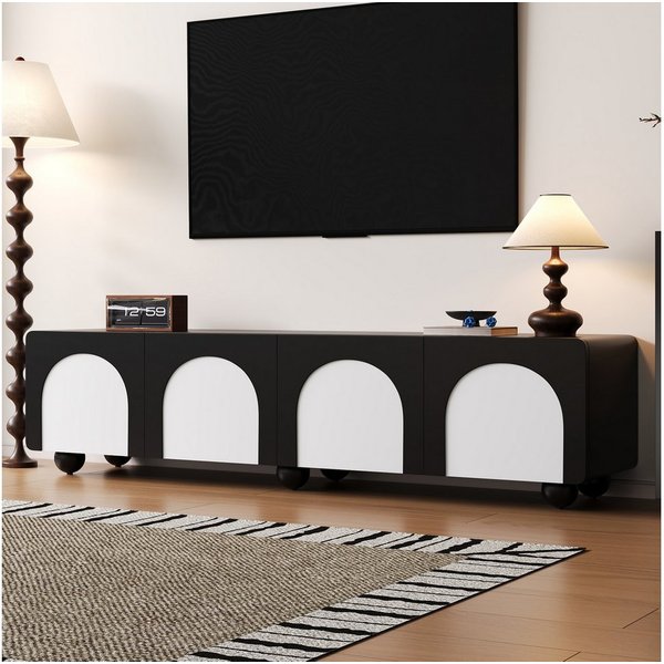 Merax Lowboard mit 2 Schubladen und 2 Türen, TV-Schrank in Schwarz-Weiß (1 St), Fernsehtisch mit Kabelmanagement, 180L x 38B x 45H cm