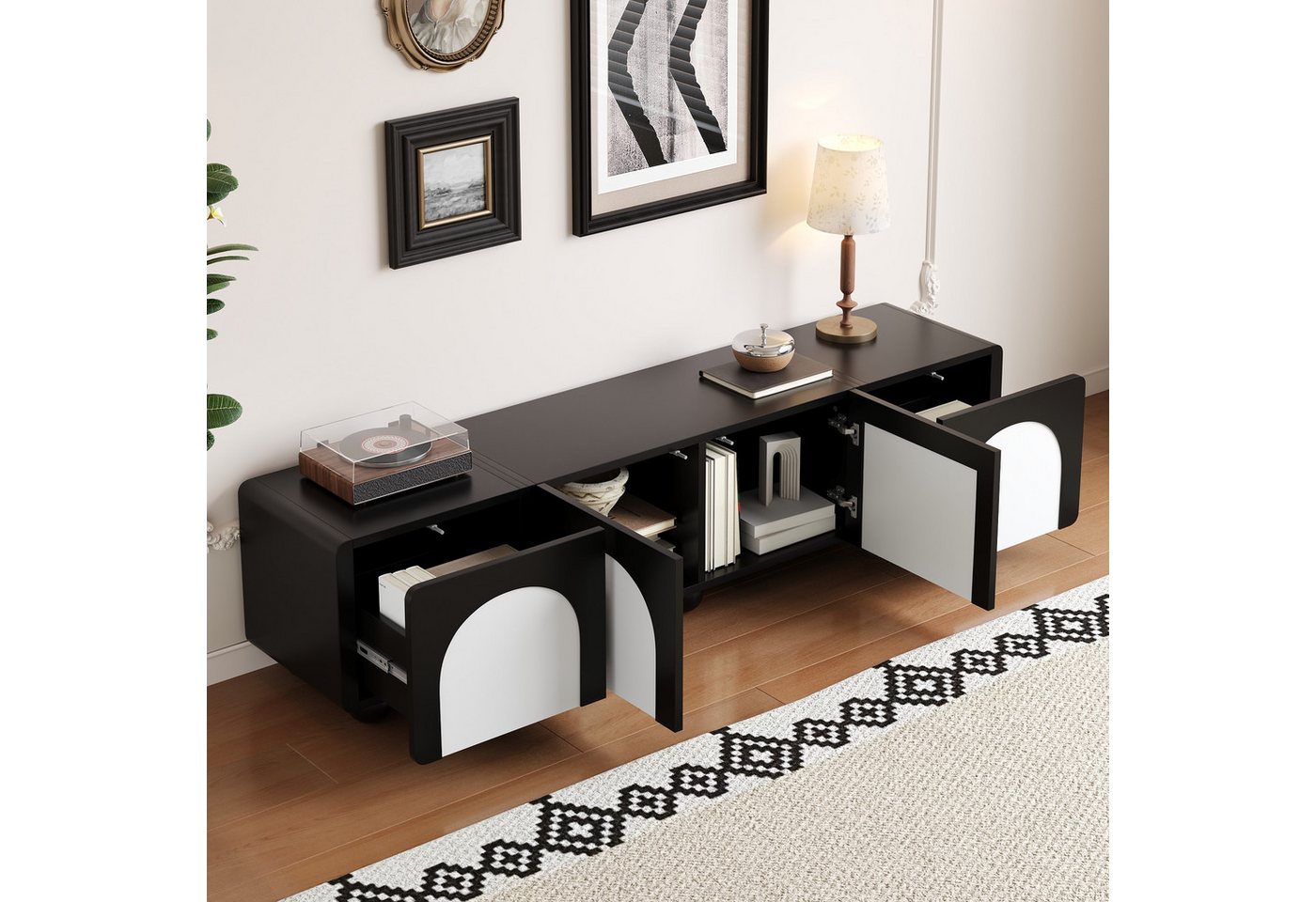 Merax Lowboard mit 2 Schubladen und 2 Türen, TV-Schrank in Schwarz-Weiß (1 St), Fernsehtisch mit Kabelmanagement, 180L x 38B x 45H cm – Bild 2 von 5