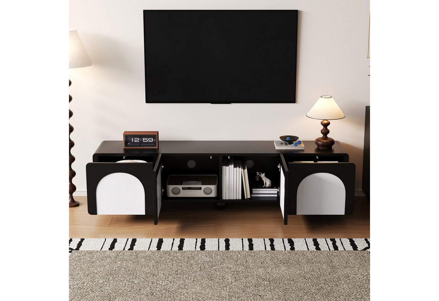 Merax Lowboard mit 2 Schubladen und 2 Türen, TV-Schrank in Schwarz-Weiß (1 St), Fernsehtisch mit Kabelmanagement, 180L x 38B x 45H cm – Bild 3 von 5