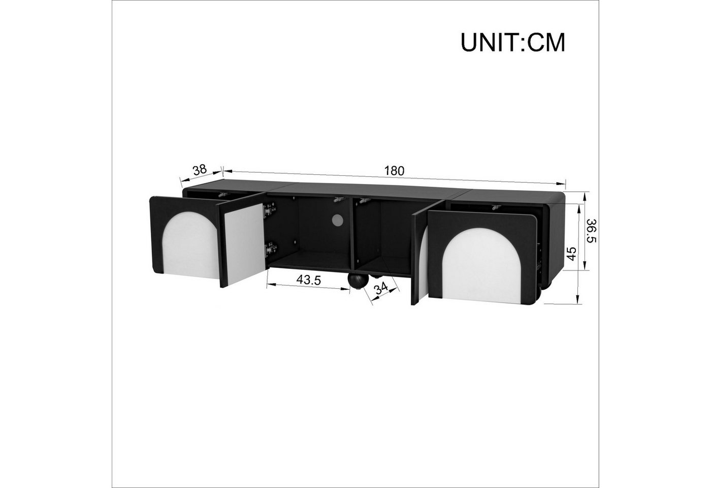 Merax Lowboard mit 2 Schubladen und 2 Türen, TV-Schrank in Schwarz-Weiß (1 St), Fernsehtisch mit Kabelmanagement, 180L x 38B x 45H cm – Bild 4 von 5