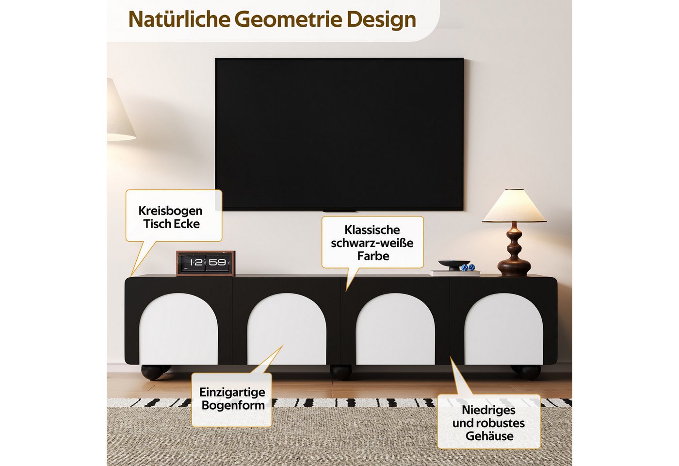 Merax Lowboard mit 2 Schubladen und 2 Türen, TV-Schrank in Schwarz-Weiß (1 St), Fernsehtisch mit Kabelmanagement, 180L x 38B x 45H cm – Bild 5 von 5