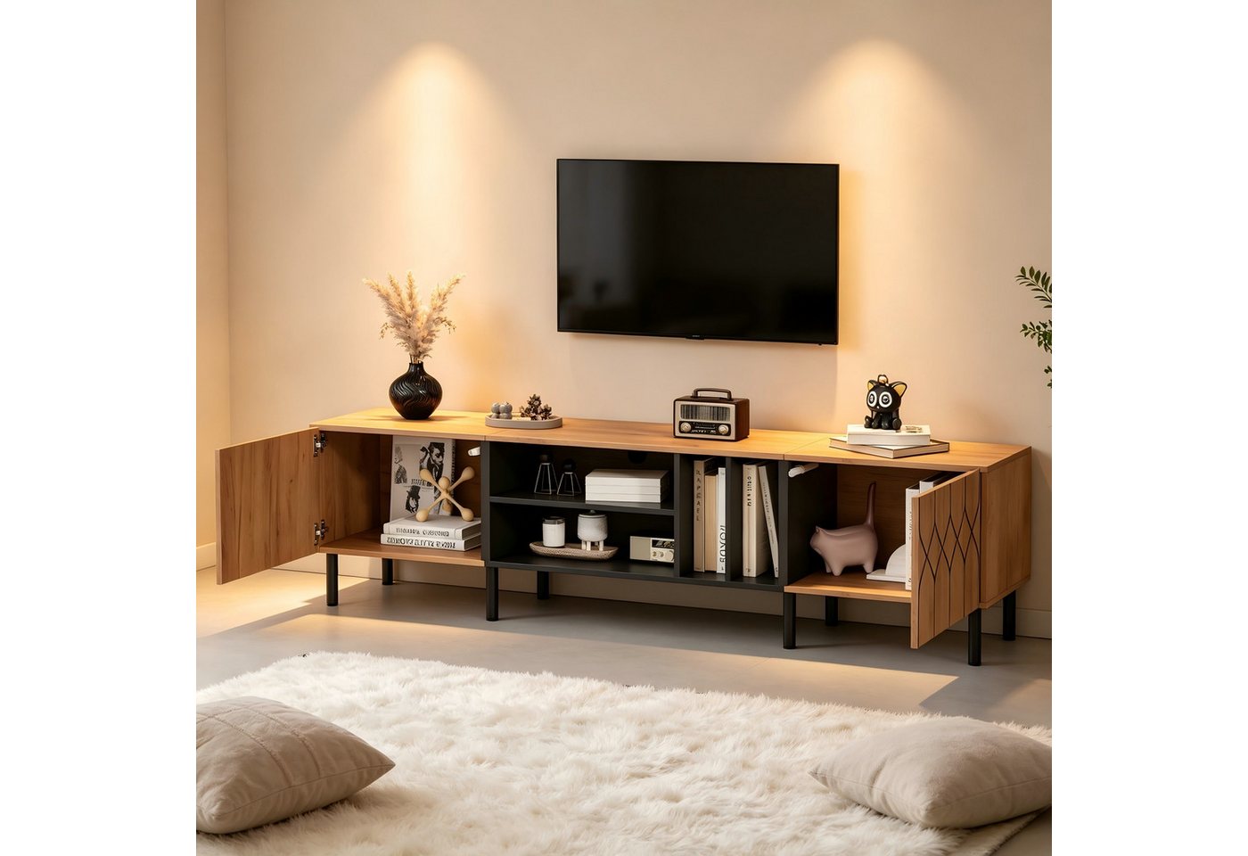 Merax Lowboard mit 2 Türen, 4 offenen Fächern, Metallbeine & Stauraum (1 St), TV-Schrank Wohnzimmer Möbel Fernsehschrank, 180x40x50cm – Bild 2 von 5