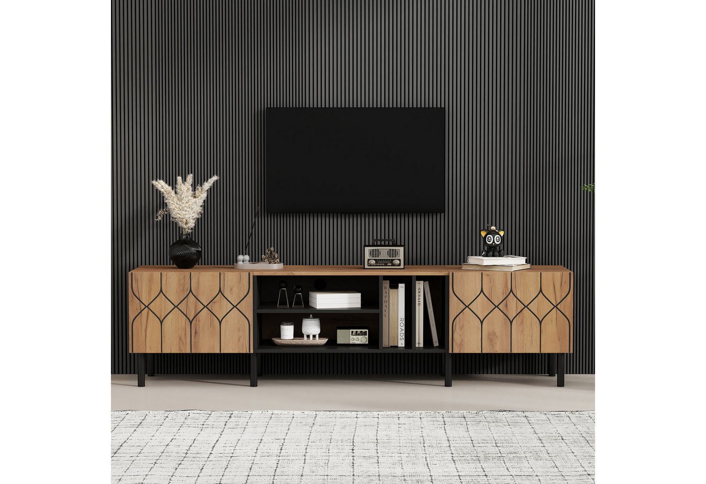 Merax Lowboard mit 2 Türen, 4 offenen Fächern, Metallbeine & Stauraum (1 St), TV-Schrank Wohnzimmer Möbel Fernsehschrank, 180x40x50cm – Bild 3 von 5