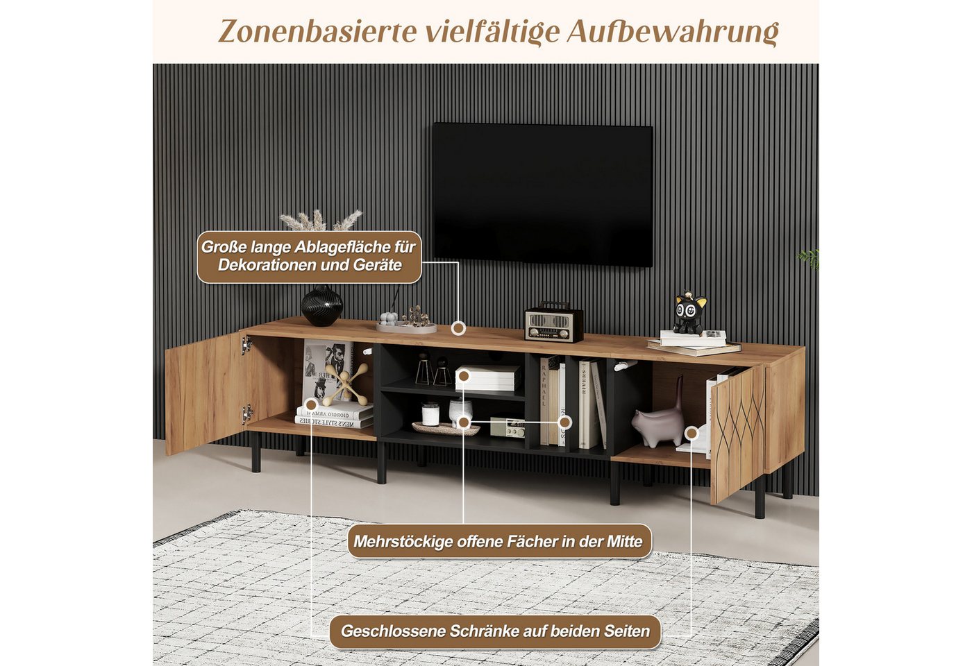 Merax Lowboard mit 2 Türen, 4 offenen Fächern, Metallbeine & Stauraum (1 St), TV-Schrank Wohnzimmer Möbel Fernsehschrank, 180x40x50cm – Bild 5 von 5