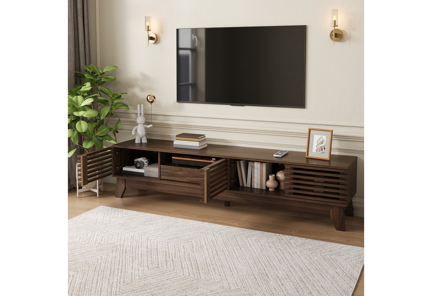 Merax Lowboard mit 3 Türen, Schublade, Stauraum und offenen Fächern (1 St., 170x35x40 cm), TV-Schrank mit gerillter Frontblende, Fernsehtisch Wohnzimmerschrank – Bild 2 von 5