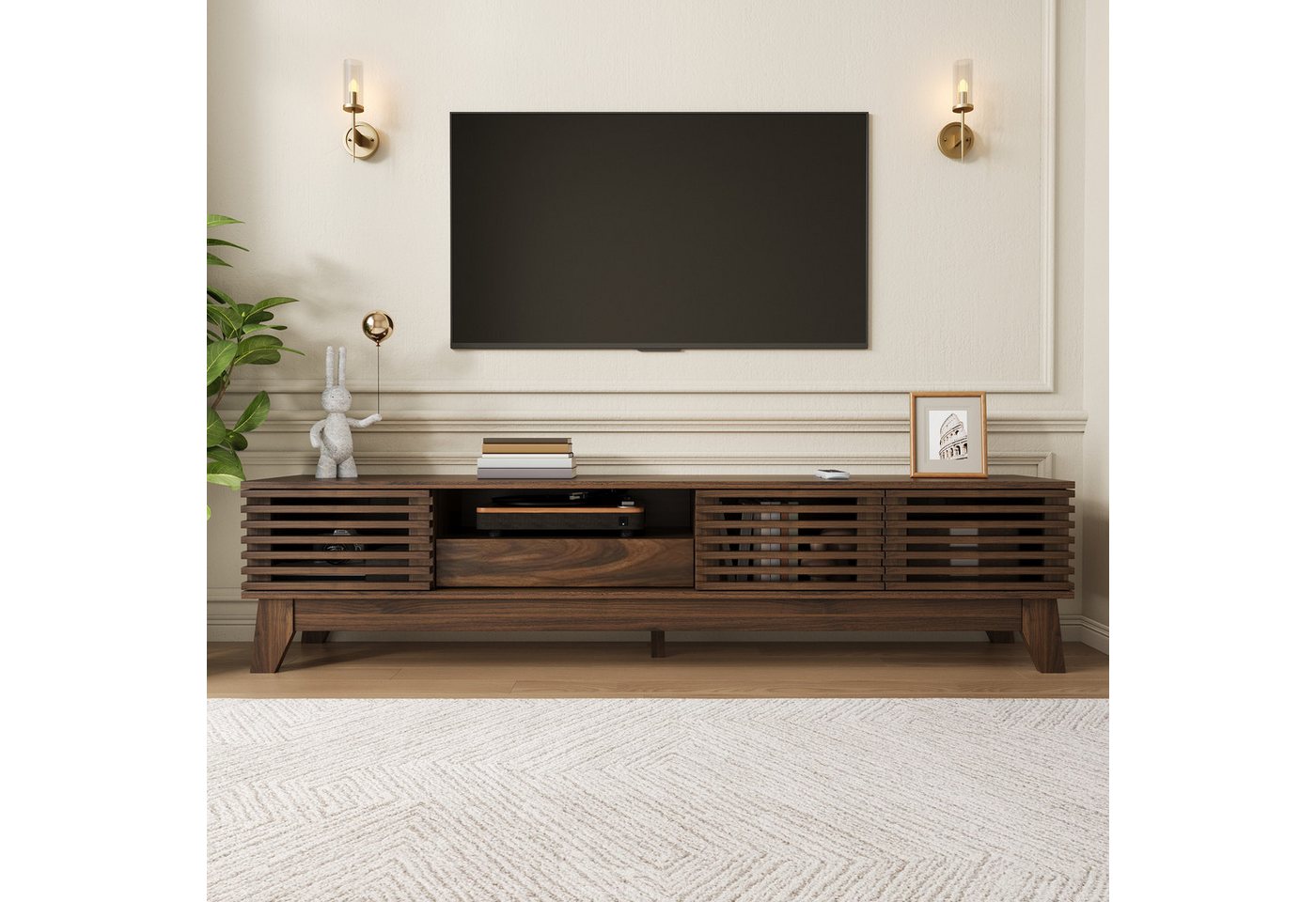 Merax Lowboard mit 3 Türen, Schublade, Stauraum und offenen Fächern (1 St., 170x35x40 cm), TV-Schrank mit gerillter Frontblende, Fernsehtisch Wohnzimmerschrank – Bild 3 von 5