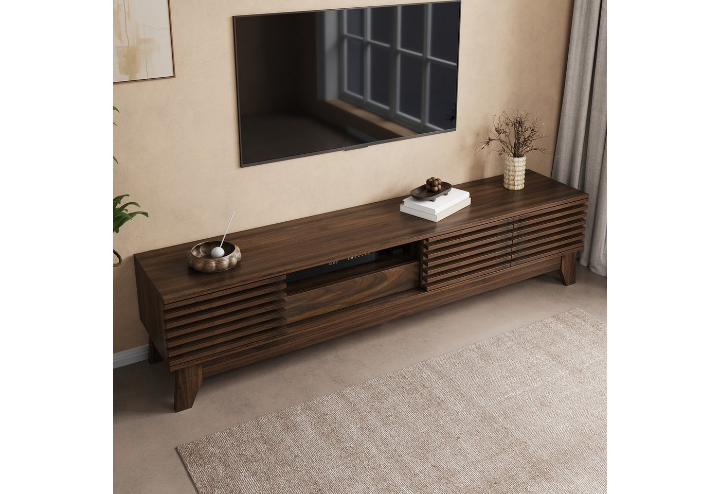 Merax Lowboard mit 3 Türen, Schublade, Stauraum und offenen Fächern (1 St., 170x35x40 cm), TV-Schrank mit gerillter Frontblende, Fernsehtisch Wohnzimmerschrank – Bild 4 von 5