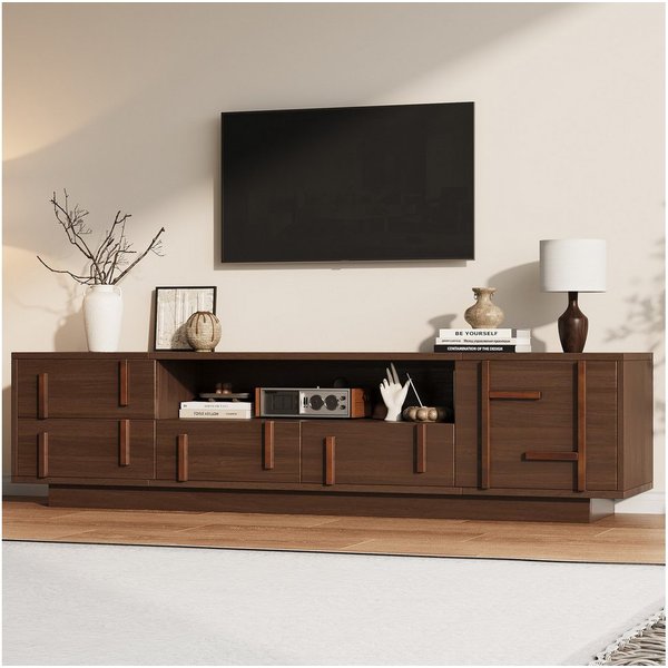 Merax Lowboard mit 4 Schubladen, Schrankfach & 2 offenen Ablagen (180 L x 40 B x 45 H cm, 1 St), TV-Schrank mit Kabeldurchführung & Stauraum, für Fernseher bis 
