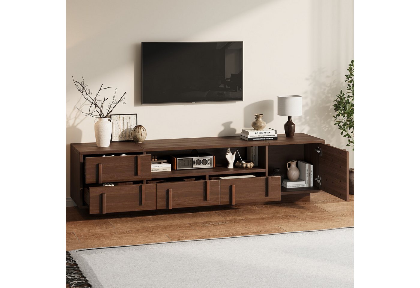 Merax Lowboard mit 4 Schubladen, Schrankfach & 2 offenen Ablagen (180 L x 40 B x 45 H cm, 1 St), TV-Schrank mit Kabeldurchführung & Stauraum, für Fernseher bis  – Bild 2 von 5