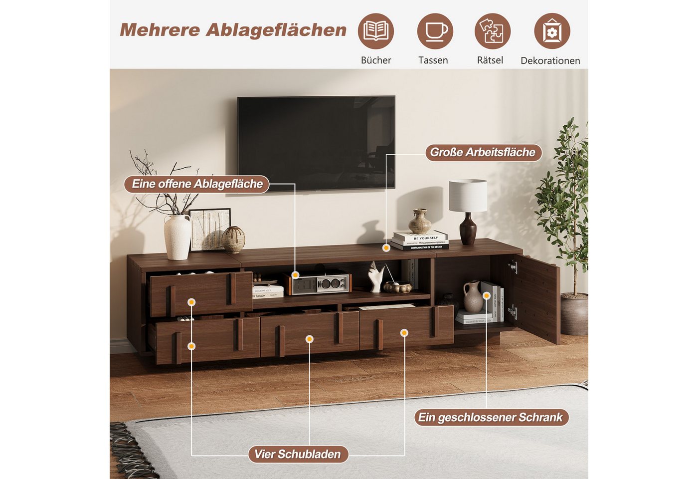 Merax Lowboard mit 4 Schubladen, Schrankfach & 2 offenen Ablagen (180 L x 40 B x 45 H cm, 1 St), TV-Schrank mit Kabeldurchführung & Stauraum, für Fernseher bis  – Bild 3 von 5