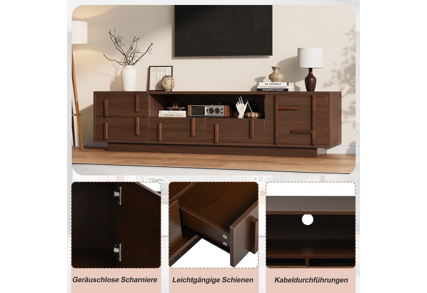 Merax Lowboard mit 4 Schubladen, Schrankfach & 2 offenen Ablagen (180 L x 40 B x 45 H cm, 1 St), TV-Schrank mit Kabeldurchführung & Stauraum, für Fernseher bis  – Bild 4 von 5