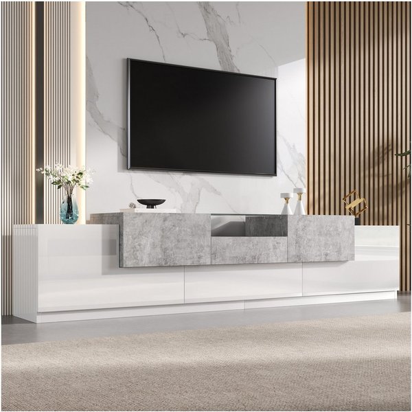 Merax Lowboard mit 4 Türen,Schublade,Klapptür,offene Ablage mit gehärteter Glasplatte (1 St), TV-Schrank mit gedämpfte Scharniere & Stauraum, 200x33x48,5cm