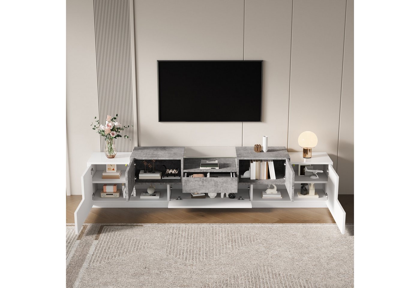 Merax Lowboard mit 4 Türen,Schublade,Klapptür,offene Ablage mit gehärteter Glasplatte (1 St), TV-Schrank mit gedämpfte Scharniere & Stauraum, 200x33x48,5cm – Bild 2 von 5