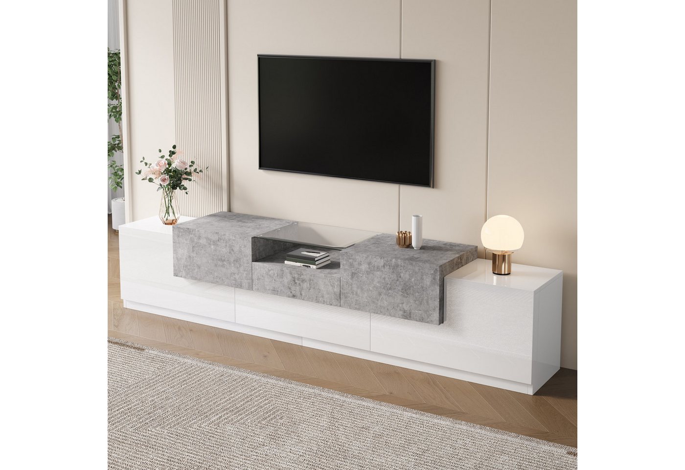 Merax Lowboard mit 4 Türen,Schublade,Klapptür,offene Ablage mit gehärteter Glasplatte (1 St), TV-Schrank mit gedämpfte Scharniere & Stauraum, 200x33x48,5cm – Bild 3 von 5