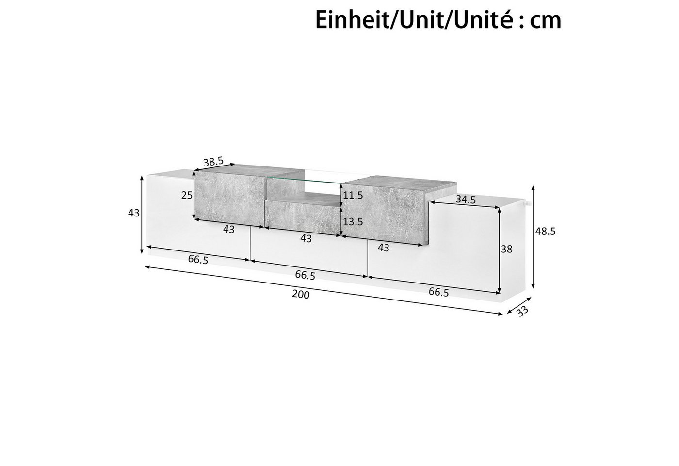 Merax Lowboard mit 4 Türen,Schublade,Klapptür,offene Ablage mit gehärteter Glasplatte (1 St), TV-Schrank mit gedämpfte Scharniere & Stauraum, 200x33x48,5cm – Bild 4 von 5
