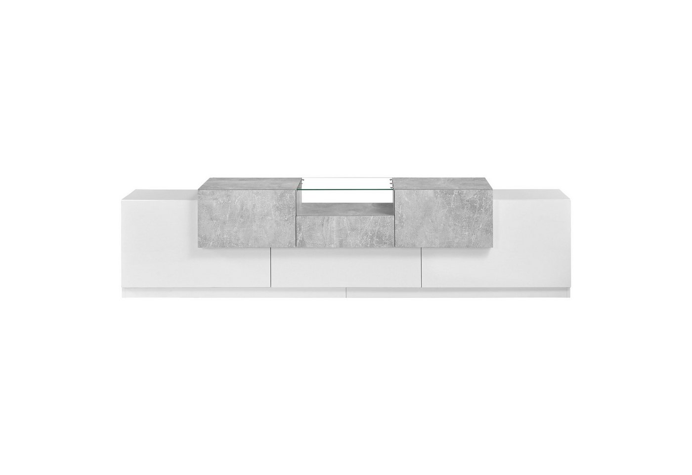Merax Lowboard mit 4 Türen,Schublade,Klapptür,offene Ablage mit gehärteter Glasplatte (1 St), TV-Schrank mit gedämpfte Scharniere & Stauraum, 200x33x48,5cm – Bild 5 von 5