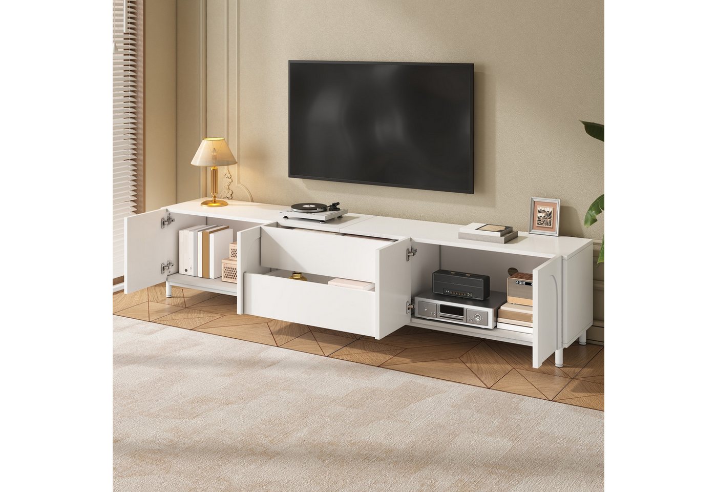 Merax Lowboard mit 4 Türen, 2 Schubladen & Stahlrohr-Füßen (180 L x 40 B x 48 H cm, 1 St., Wohnzimmerschrank Fernsehtisch), TV-Schrank mit bogenförmigem Türdesi – Bild 2 von 5