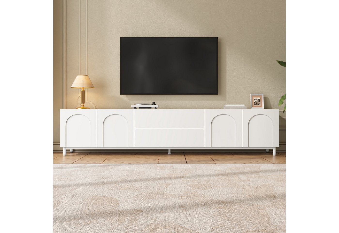 Merax Lowboard mit 4 Türen, 2 Schubladen & Stahlrohr-Füßen (180 L x 40 B x 48 H cm, 1 St., Wohnzimmerschrank Fernsehtisch), TV-Schrank mit bogenförmigem Türdesi – Bild 3 von 5