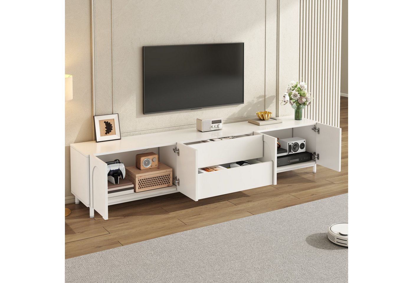 Merax Lowboard mit 4 Türen, 2 Schubladen & Stahlrohr-Füßen (180 L x 40 B x 48 H cm, 1 St., Wohnzimmerschrank Fernsehtisch), TV-Schrank mit bogenförmigem Türdesi – Bild 4 von 5