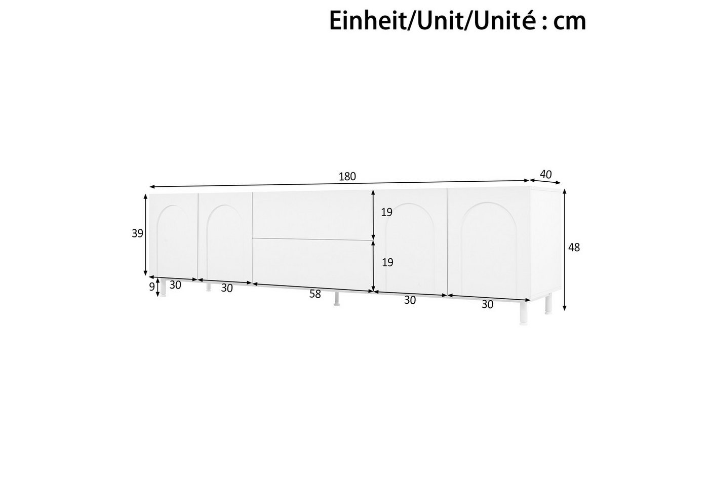 Merax Lowboard mit 4 Türen, 2 Schubladen & Stahlrohr-Füßen (180 L x 40 B x 48 H cm, 1 St., Wohnzimmerschrank Fernsehtisch), TV-Schrank mit bogenförmigem Türdesi – Bild 5 von 5