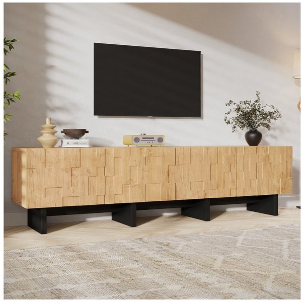 Merax Lowboard mit 4 Türen und 4 Staufächern, Fernsehtisch mit 3D-Waffelmuster (180 × 38,5 × 45 cm, 1 St), TV-Board mit Push-to-Open und Soft-Close, Naturholzop