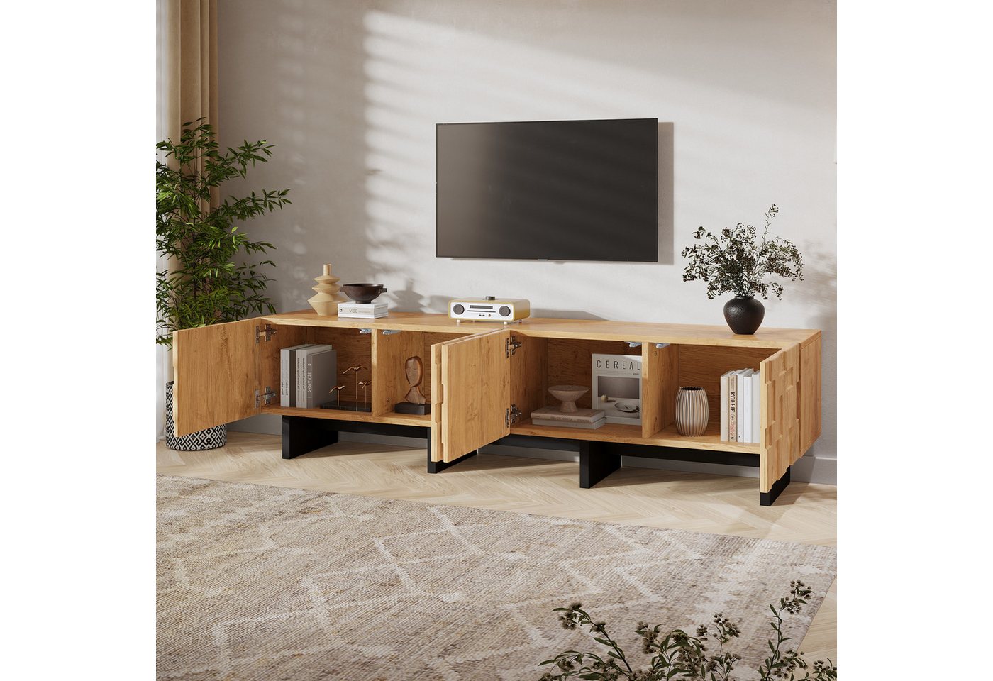 Merax Lowboard mit 4 Türen und 4 Staufächern, Fernsehtisch mit 3D-Waffelmuster (180 × 38,5 × 45 cm, 1 St), TV-Board mit Push-to-Open und Soft-Close, Naturholzop – Bild 2 von 5