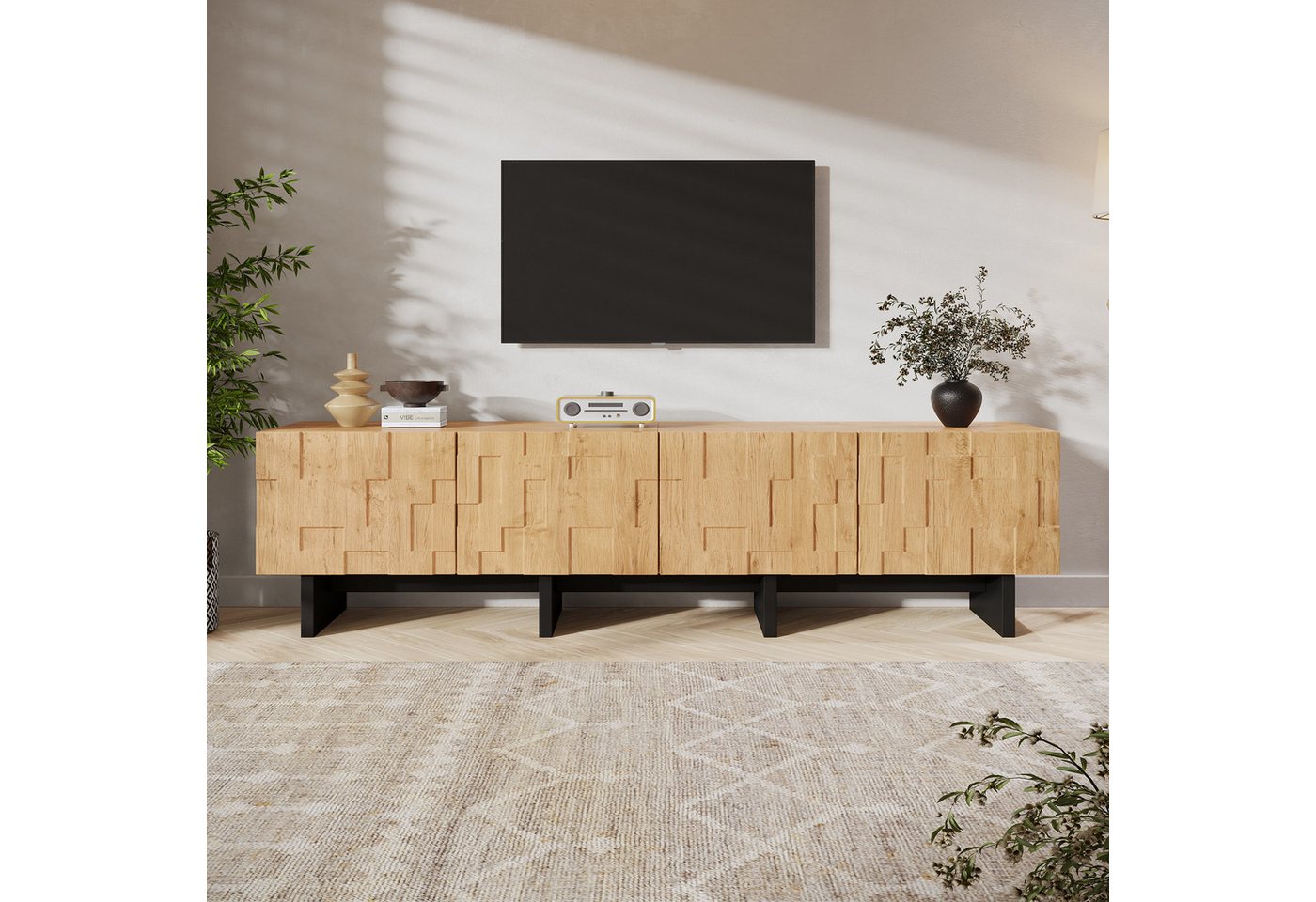 Merax Lowboard mit 4 Türen und 4 Staufächern, Fernsehtisch mit 3D-Waffelmuster (180 × 38,5 × 45 cm, 1 St), TV-Board mit Push-to-Open und Soft-Close, Naturholzop – Bild 3 von 5