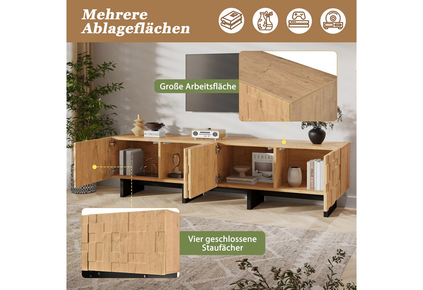 Merax Lowboard mit 4 Türen und 4 Staufächern, Fernsehtisch mit 3D-Waffelmuster (180 × 38,5 × 45 cm, 1 St), TV-Board mit Push-to-Open und Soft-Close, Naturholzop – Bild 4 von 5