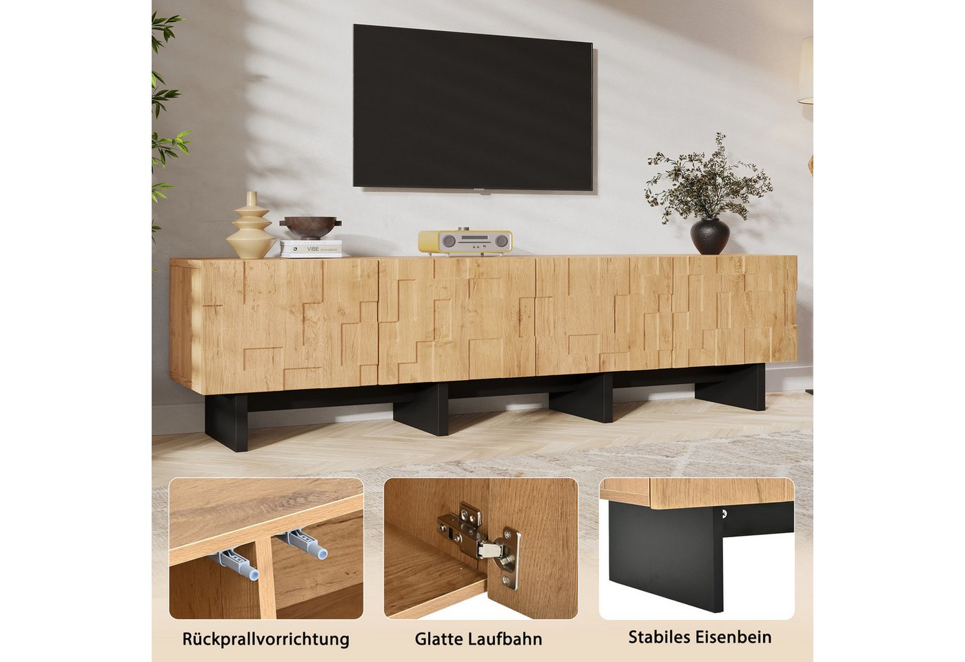 Merax Lowboard mit 4 Türen und 4 Staufächern, Fernsehtisch mit 3D-Waffelmuster (180 × 38,5 × 45 cm, 1 St), TV-Board mit Push-to-Open und Soft-Close, Naturholzop – Bild 5 von 5