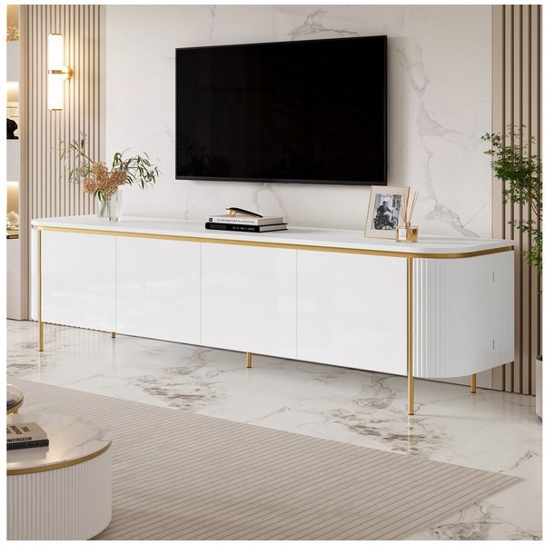 Merax Lowboard mit 6 Türen, Stauraum & Eisenfüßen, Fernsehtisch mit Riffeloptik (180x38x46 cm, 1 St), TV-Schrank mit grifflosem Design, abgerundeten Enden & Kab