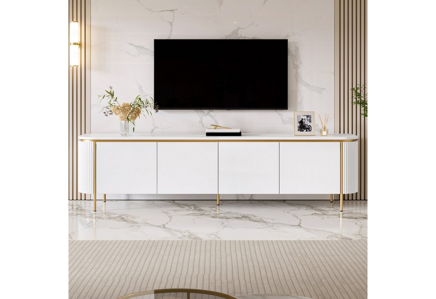 Merax Lowboard mit 6 Türen, Stauraum & Eisenfüßen, Fernsehtisch mit Riffeloptik (180x38x46 cm, 1 St), TV-Schrank mit grifflosem Design, abgerundeten Enden & Kab – Bild 3 von 5